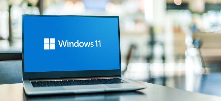 Laptop computer displaying logo of Windows 11