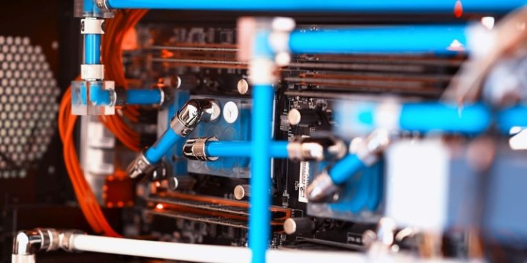 Inside water cooled high performance workstation bokeh backdrop