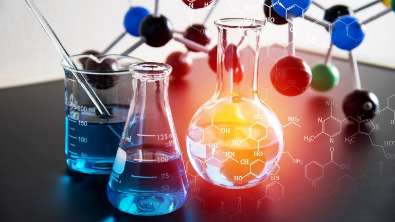Digital Composite Image Of Liquids And Molecular Structure On Table