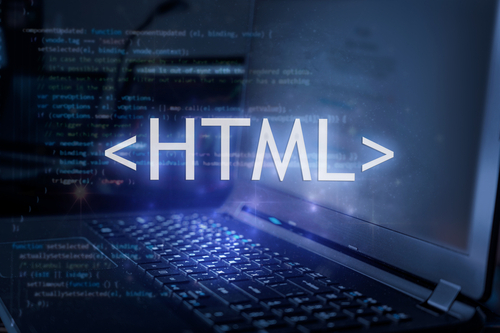 Html,Inscription,Against,Laptop,And,Code,Background.,Learn,Html,Programming