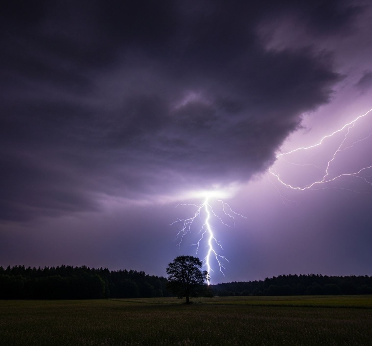 Egy gyönyörű és természetes villámcsapás megvilágítja az éjszakai eget egy viharban.