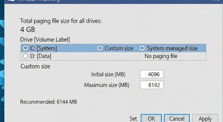 Windows 8 lapozófájl beállításai: optimális méret 4GB RAM-hoz