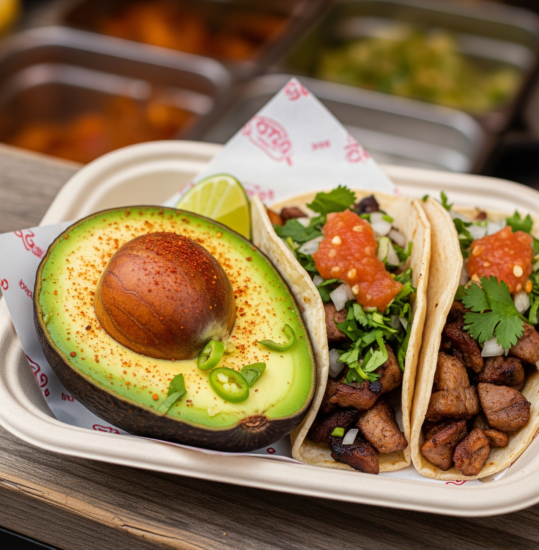 Avokádó tacos mellé tálalva.
