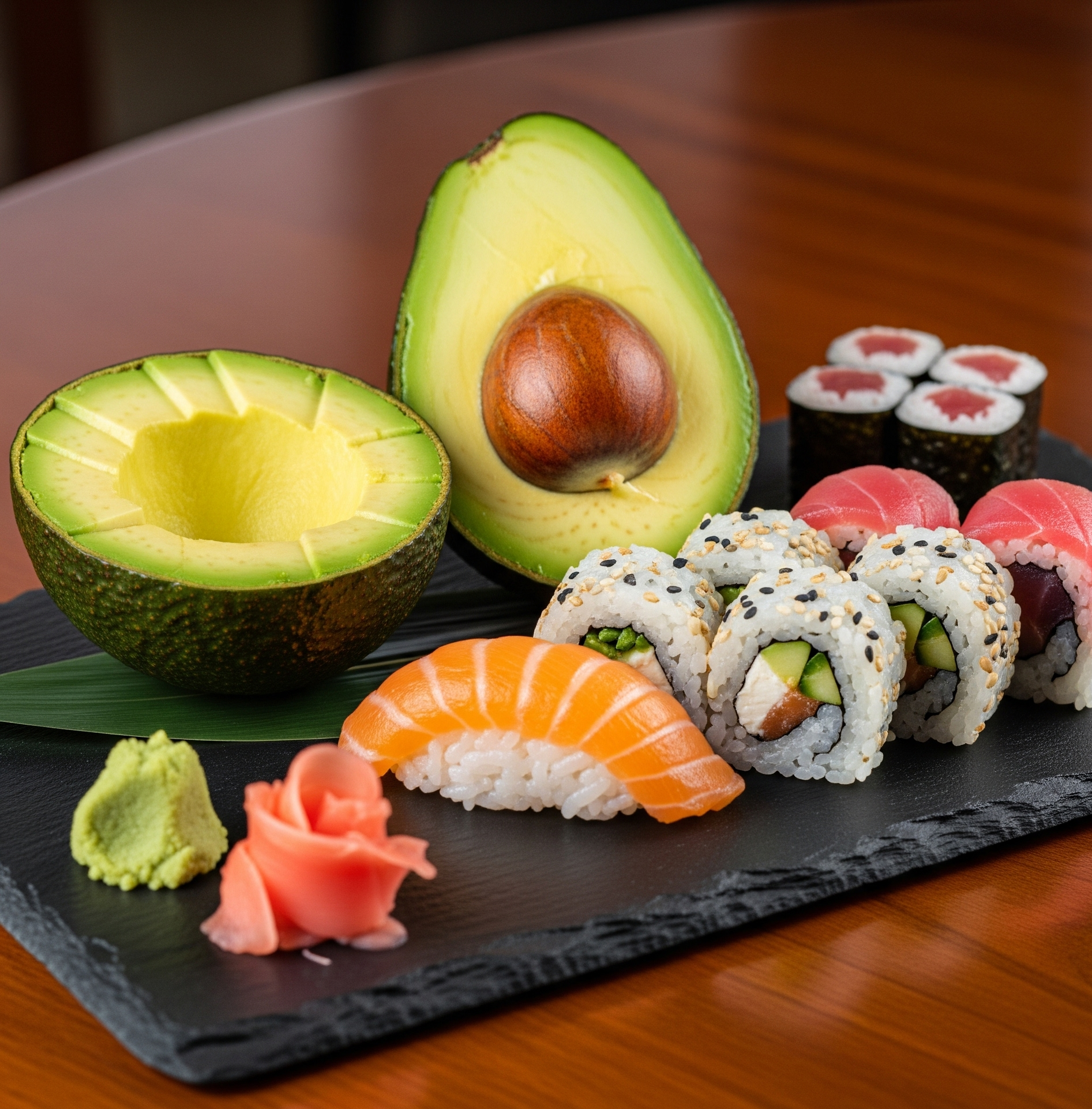 Avokádó sushi tálalásban.