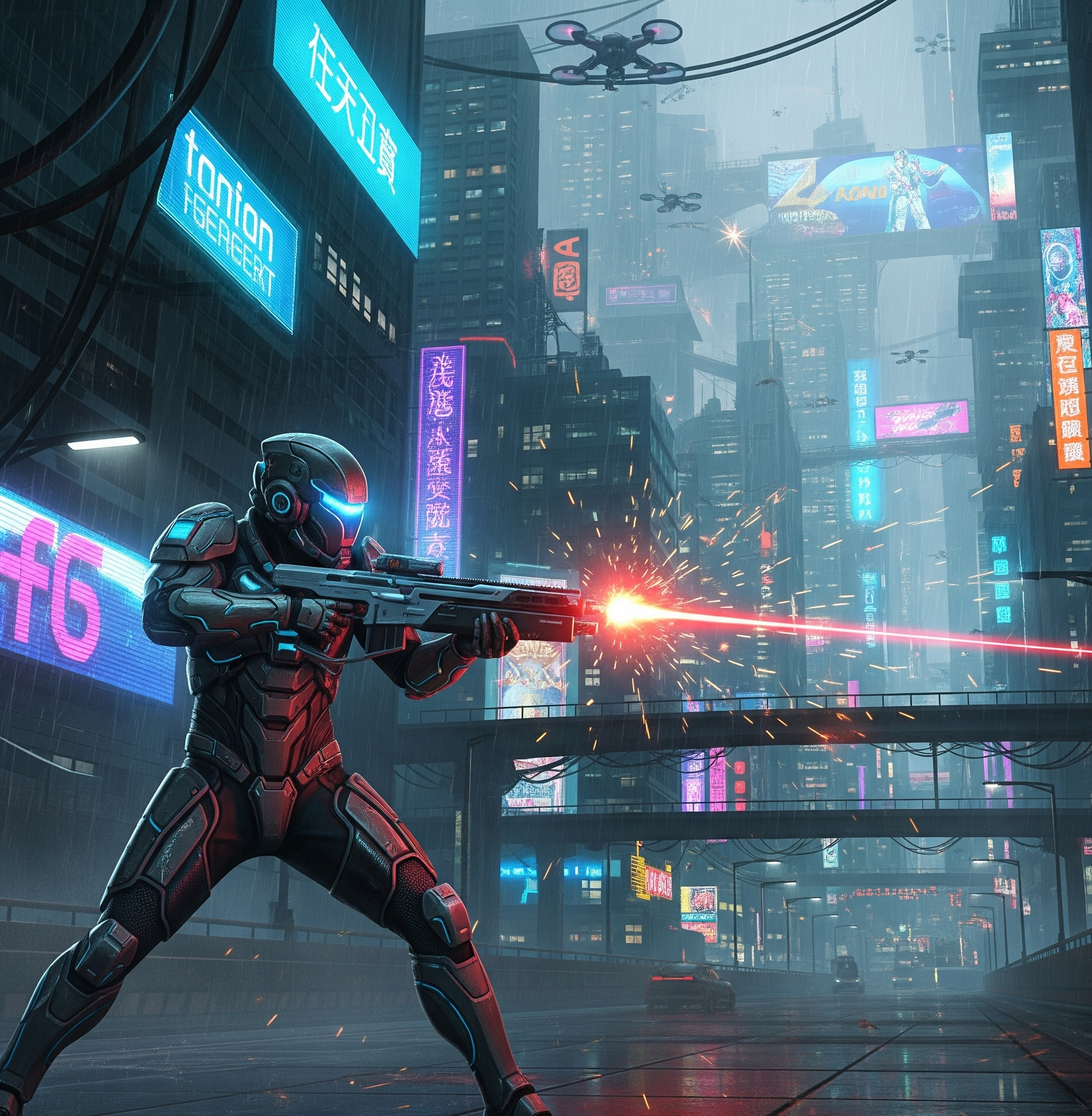 Cyberpunk harcos lézerfegyverrel.