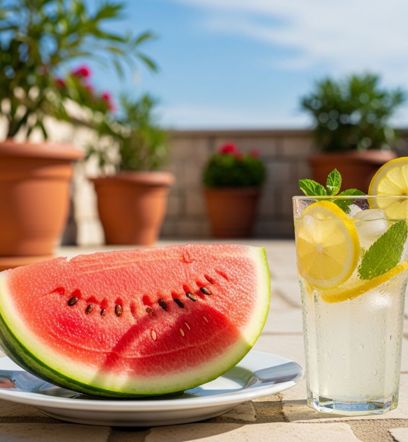 Dinnye limonádéval nyári teraszon.