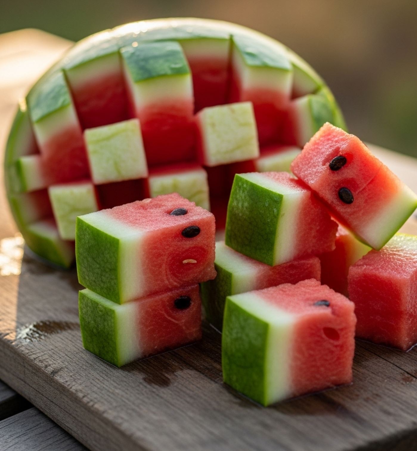Sakktábla mintára szeletelt dinnye.