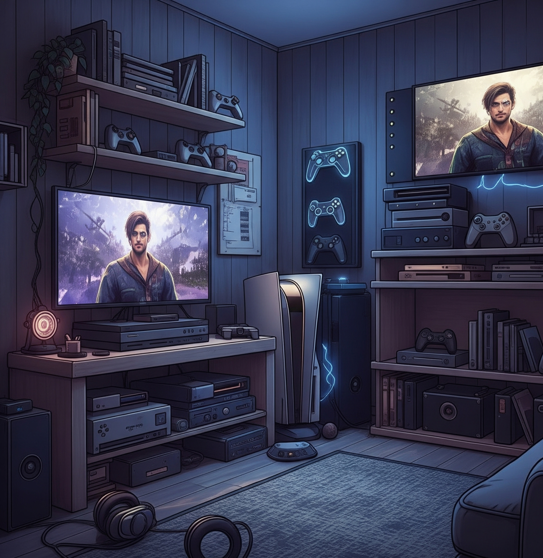 Gamer szoba konzolokkal.